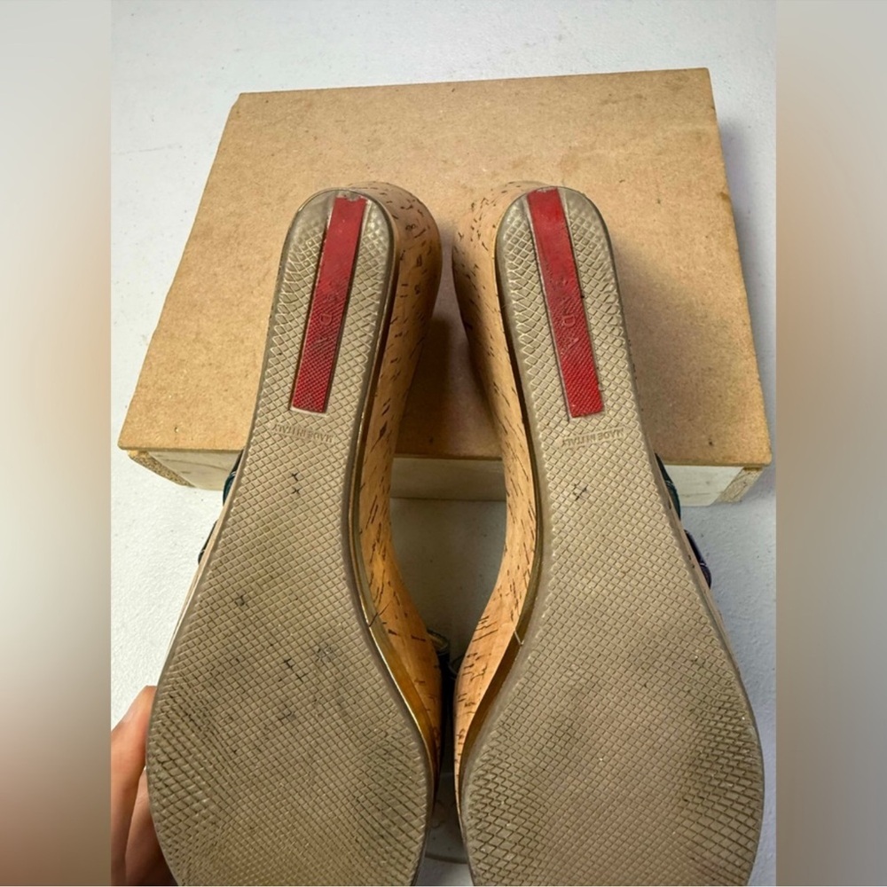 Prada Women's Multi Metallic Rainbow
Cork Wedge Sandals Sz 40 / US 10 - Picture 12 of 14